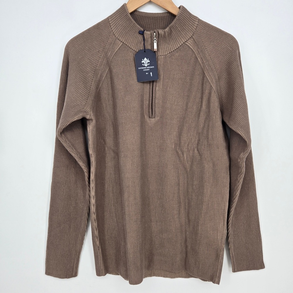 NWT Luchiano Visconti Mens S Taupe Brown Knit Sweater 1/4 Zip Quiet Luxury